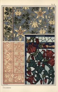 Columbine, Aquilegia vulgaris, virágmintás tapéta, ólomüveg és csempe alkotó: Eugene Grasset