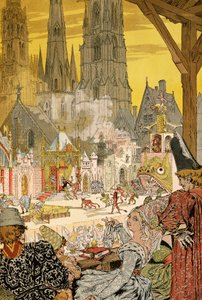 Misztérium ábrázolása a katedrális templomkertjében, Victor Hugo (1802-1885) illusztrációja a Notre-Dame de Paris számára alkotó: Eugene Grasset