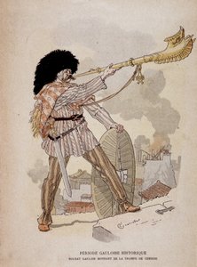 Gall katona megszólal a háború kürtjéből (carnyx) - a „” Illustrous Teaching Cahiers, a bronzkori és a gall kor háborús jelmezei” című filmben”, ed Grasset alkotó: Eugene Grasset
