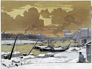 Le pont de Sully, Párizsban, hó borította, 1886. január egyik estéjén – Grasset alkotó: Eugene Grasset