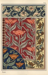 A mák, Papaver somniferum, ólomüveg, tapéta, szövet és csempe mintával. Marc Mangin litográfiája alkotó: Eugene Grasset