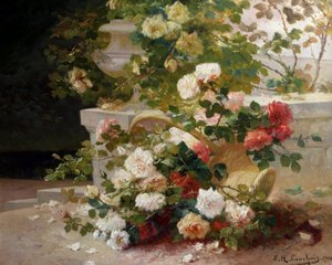 Rózsakosár. Eugene Henri Cauchois (1850-1911) festménye Magángyűjtemény.