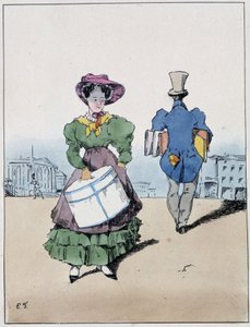 Egy nő és egy férfi csomagokat viselő, rue Vivienne kereszteződésén – Eugène Forest „” Souvenirs d’un loafneur” című könyvében, szerk. Delpech, Párizs, 1830 körül