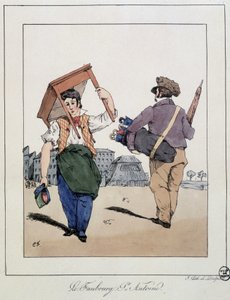 Le faubourg St Antoine: bútorjavító és sétáló esernyőkereskedő – Eugène Forest „” Souvenirs d’un loâneur” című könyvében, szerk. Delpech, Párizs, 1830 körül