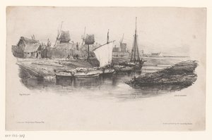 Kikötő csónakokkal és szélmalmokkal Lemez a csatorna Eugène Isabey emlékei (sorozat címe) Eugène Isabey szuvenírjei (sorozat címe) alkotó: Eugene Isabey