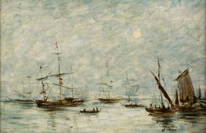 Kikötőben kikötött csónakok (olaj, vászon) alkotó: Eugene Louis (attr.to) Boudin