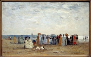 Fürdőzők Trouville tengerpartján, Calvadosban. Eugene Louis Boudin (1824-1898) festménye alkotó: Eugene Louis Boudin