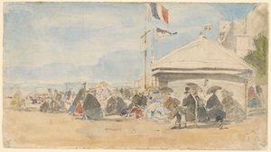 Strandház zászlókkal Trouville-ben, kb. 1865. alkotó: Eugene Louis Boudin