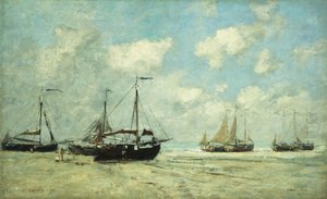 Hajók a parton Scheveningenben; Scheveningen, Hajók megfeneklett a Greve-n, 1875 alkotó: Eugene Louis Boudin