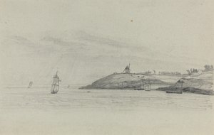 Tengerparti táj hajózással, Szélmalom a távolban, c. 1858. alkotó: Eugene Louis Boudin