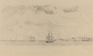 Tengerparti táj hajózással, c. 1858. alkotó: Eugene Louis Boudin