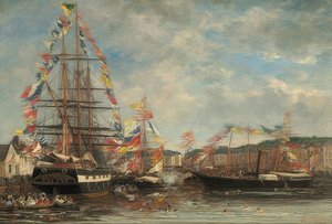 Fesztiválnap Honfleur kikötőjében. 1858 alkotó: Eugene Louis Boudin