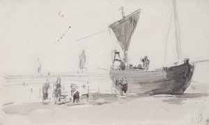 Horgászhajó a tengerparton (ceruza és WC papíron) alkotó: Eugene Louis Boudin