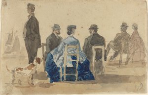 Hölgyek és urak a tengerparton kutyával ülve, 1866. alkotó: Eugene Louis Boudin