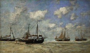 Scheveningen, csónakok zátonyra futnak a parton; Scheveningen, Bateaux Echoues sur la Greve, 1875 alkotó: Eugene Louis Boudin