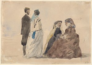 Két ülő hölgy és egy pár sétál a tengerparton, c. 1866. alkotó: Eugene Louis Boudin