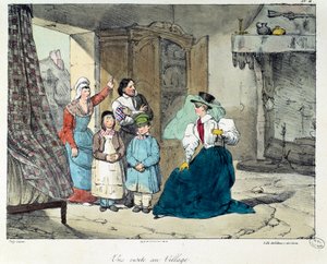 Látogatás a faluban. Egy gazdag nő meglátogat egy szegény családot. A „La vie de chateau” című könyv illusztrációja. Eugene Louis Lami (1800-1890) metszete alkotó: Eugene Louis Lami