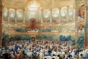 Vacsora, amelyet III. Napóleon kínál Viktória királynőnek az Opera de Versailles-i termében augusztus 25-én
