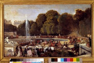 Az orléans-i hercegnő, Mecklembourg Helene bejárata a párizsi Tuileriák kertjében, június 4. alkotó: Eugene Louis Lami