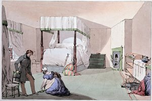 Hostel: egy szolgáló, aki segít az ügyfélnek cipőt felvenni. Illusztráció: Eugene Louis Lami (1800-1890), 19. század közepe alkotó: Eugene Louis Lami