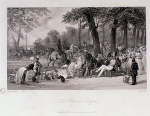 Utasok és sétálók a párizsi Champs Elysees-n (Champs-Elysees). Eugene Louis Lami (1800-1890) metszete 1841 Magángyűjtemény alkotó: Eugene Louis Lami