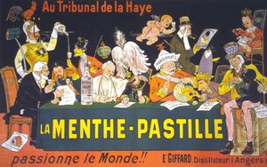 Karikatúra poszter az 1899-es hágai békekonferenciáról: „” A hágai udvarban a menta-pasztilla – szenvedélyessé teszi a világot!” Írta: Eugène Ogé (1861-1936)