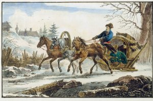 A lovasszán menedékkel utazóknak. (Trojka Kibitka). Eugene Pluchard (1809-1880) munkája, litográfia és akvarell