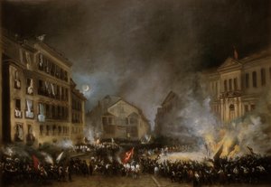 Az 1854-es forradalom epizódja a madridi Puerta del Solban. Eugenio LUCAS VELAZQUEZ festménye