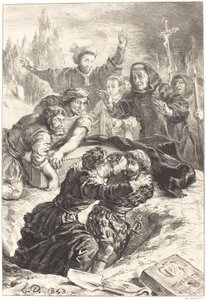 Hamlet és Laertes Ophelia sírjában (V. felvonás, I. jelenet) alkotó: Eugène Delacroix