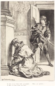 Hamletet megkísértik megölni a királyt (III. felvonás, III. jelenet) alkotó: Eugène Delacroix
