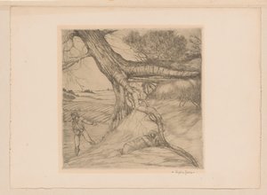 Vető és fekvő alak ölbe tett kézzel a tájban alkotó: Eugène Joors (signed by artist)