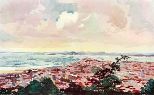 Rio és az öböl látképe, amelyen a Walker cég nagy rakpartfalának építése és a most rekultivált terület látható (színes litográfia). alkotó: European School