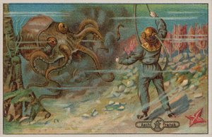 Egy búvár, akit egy polip (chromolitho) fenyeget. alkotó: European School