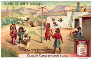 Gyermekek Mexikóban babákkal játszanak a körhintán (chromolitho) alkotó: European School