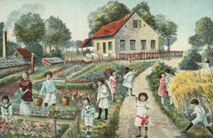 Gyermekek a kertben vagy a veteményesben (színes litográfia) alkotó: European School