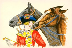 Kacér, színes ruhás, rozettás barettet viselő nő, két lóval (színes litográfia) alkotó: European School