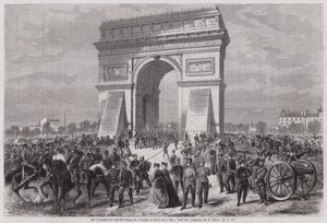 Német katonák a párizsi Diadalívnél, miután győzelmet arattak a francia-porosz háborúban, 1871. március 2. (metszet) alkotó: European School
