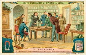Hans Christian Oersted megmutatja barátainak a mágneses tű eltérését elektromos áram hatására, 1820 alkotó: European School