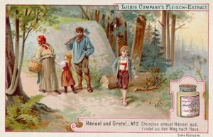 Hansel és Gretel: Hansel egy kavicsnyomot hagyva hazatalál (chromolitho) alkotó: European School