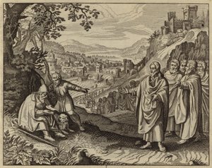 Jézus Krisztus visszaadja egy vak koldus látását (metszet) alkotó: European School