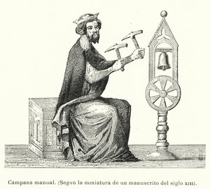 Férfi harangot csengető kézzel kalapáccsal (litho) alkotó: European School