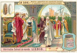 Szerzetesek hozzák az első selyemgubókat Justinianus császárnak Konstantinápolyban (chromolitho) alkotó: European School