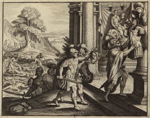 A filiszteusok Saul fejét Dagon istenük templomába teszik (metszet) alkotó: European School