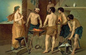 Szent megjelenése a kovácsoknak a kovácsműhelyben (kromolito) alkotó: European School