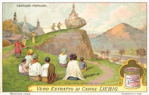 Sziámi buddhisták egy egyensúlyozó sziklaszentélyben (chromolitho) hódolnak alkotó: European School