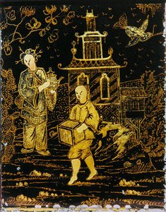 Tea Caddy kínai módra, hordárt és teáskannát cipelő hölgyet ábrázol (fém) alkotó: European School