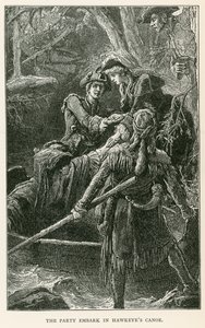 A párt Sólyomszem kenujával száll hajóra (metszet) alkotó: European School