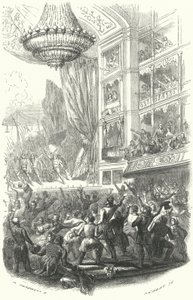A belga forradalom kezdete: Daniel Auber La Muette de Porcini című operájának előadása a brüsszeli Theater de la Monnaie-ban, 1830. augusztus 25. (metszet) alkotó: European School