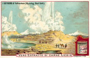 A gejzírek a Yellowstone Nemzeti Parkban, Wyoming, USA (chromolitho) alkotó: European School