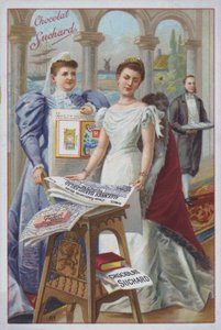 Nő újsággal, Suchard csokoládé (chromolitho) hirdetése alkotó: European School